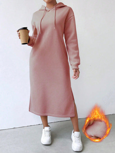 Lune vestido con capucha de manga larga, bolsillo y unicolor minimalista para mujer