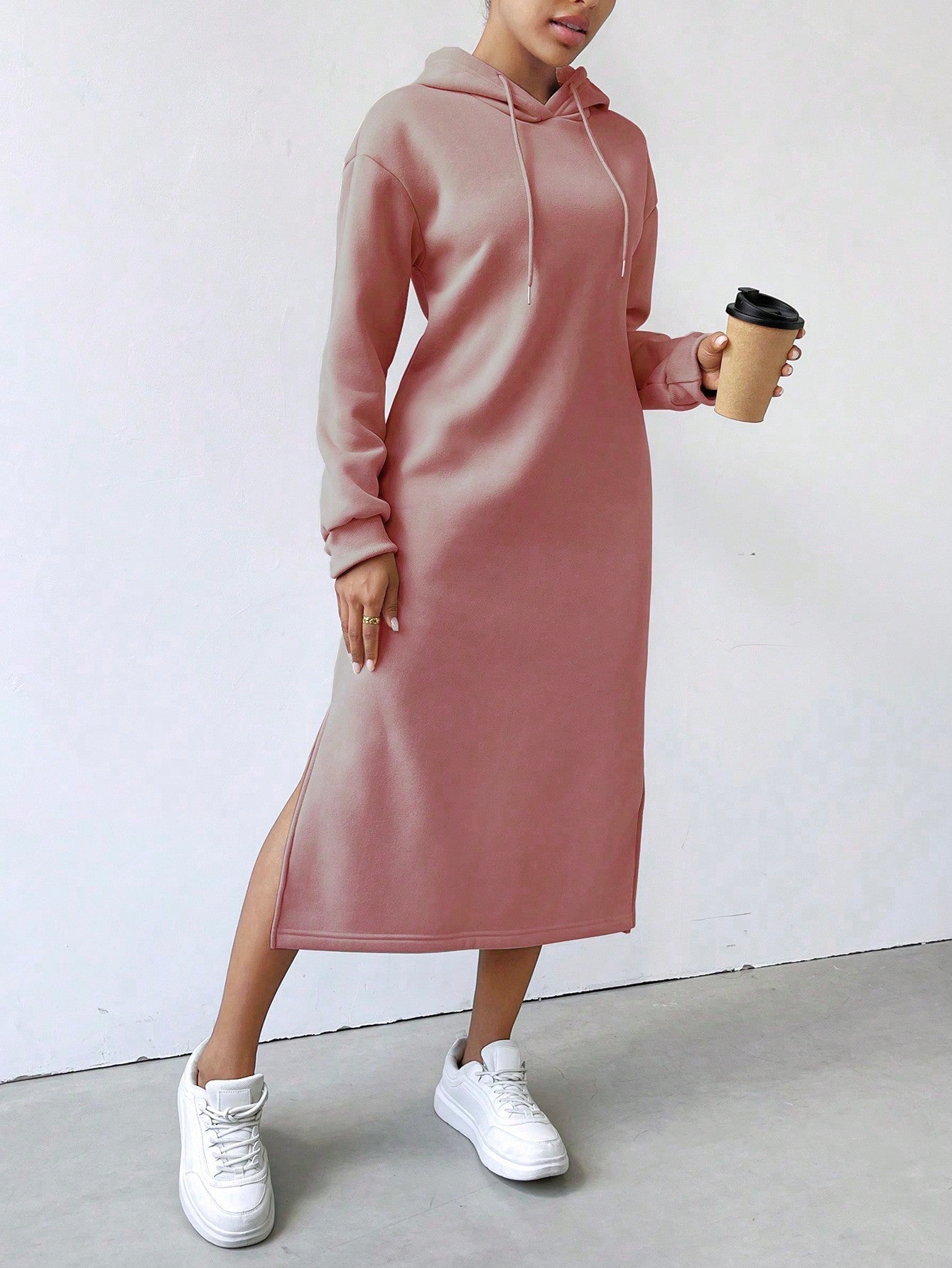 Lune vestido con capucha de manga larga, bolsillo y unicolor minimalista para mujer