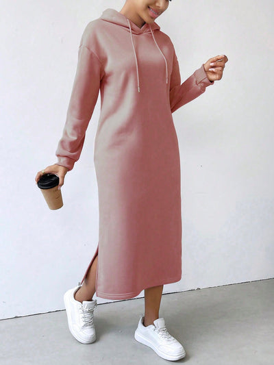Lune vestido con capucha de manga larga, bolsillo y unicolor minimalista para mujer