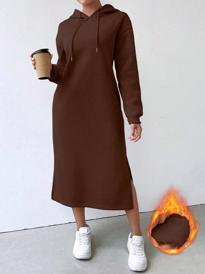 Lune vestido con capucha de manga larga, bolsillo y unicolor minimalista para mujer