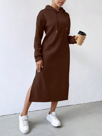Lune vestido con capucha de manga larga, bolsillo y unicolor minimalista para mujer