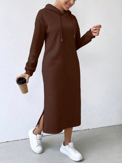 Lune vestido con capucha de manga larga, bolsillo y unicolor minimalista para mujer