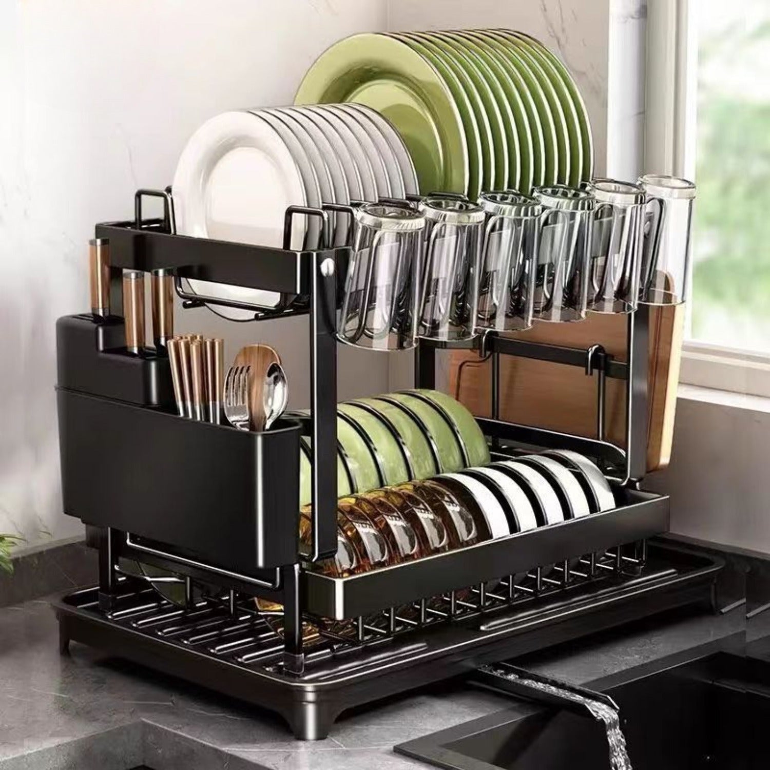 Estante de platos de acero inoxidable de 2 niveles con bandeja de drenaje giratoria incorporada, incluye soporte para cuchillos y palillos para almacenamiento eficiente de 25-32 platos (10-12 platos, 15-20 tazones)