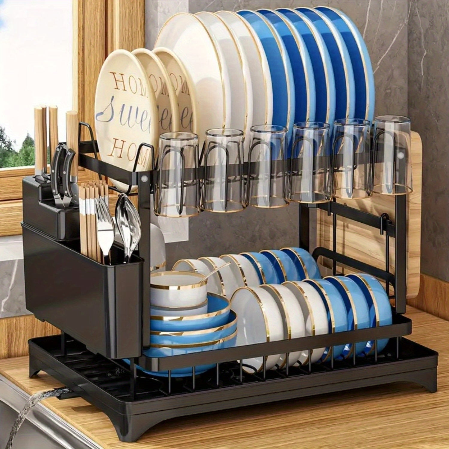 Estante de platos de acero inoxidable de 2 niveles con bandeja de drenaje giratoria incorporada, incluye soporte para cuchillos y palillos para almacenamiento eficiente de 25-32 platos (10-12 platos, 15-20 tazones)