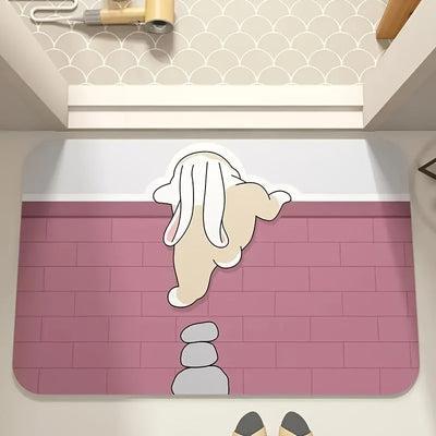 Alfombra Absorbente de Secado Rápido con Animales de Dibujos Animados Encantadores - Antideslizante, Sin Olor, Tierra de Diatomeas, Perfecta para Entradas de Baño y Cocina, Diseño de Conejo y Gato Lindo, Poliéster Suave
