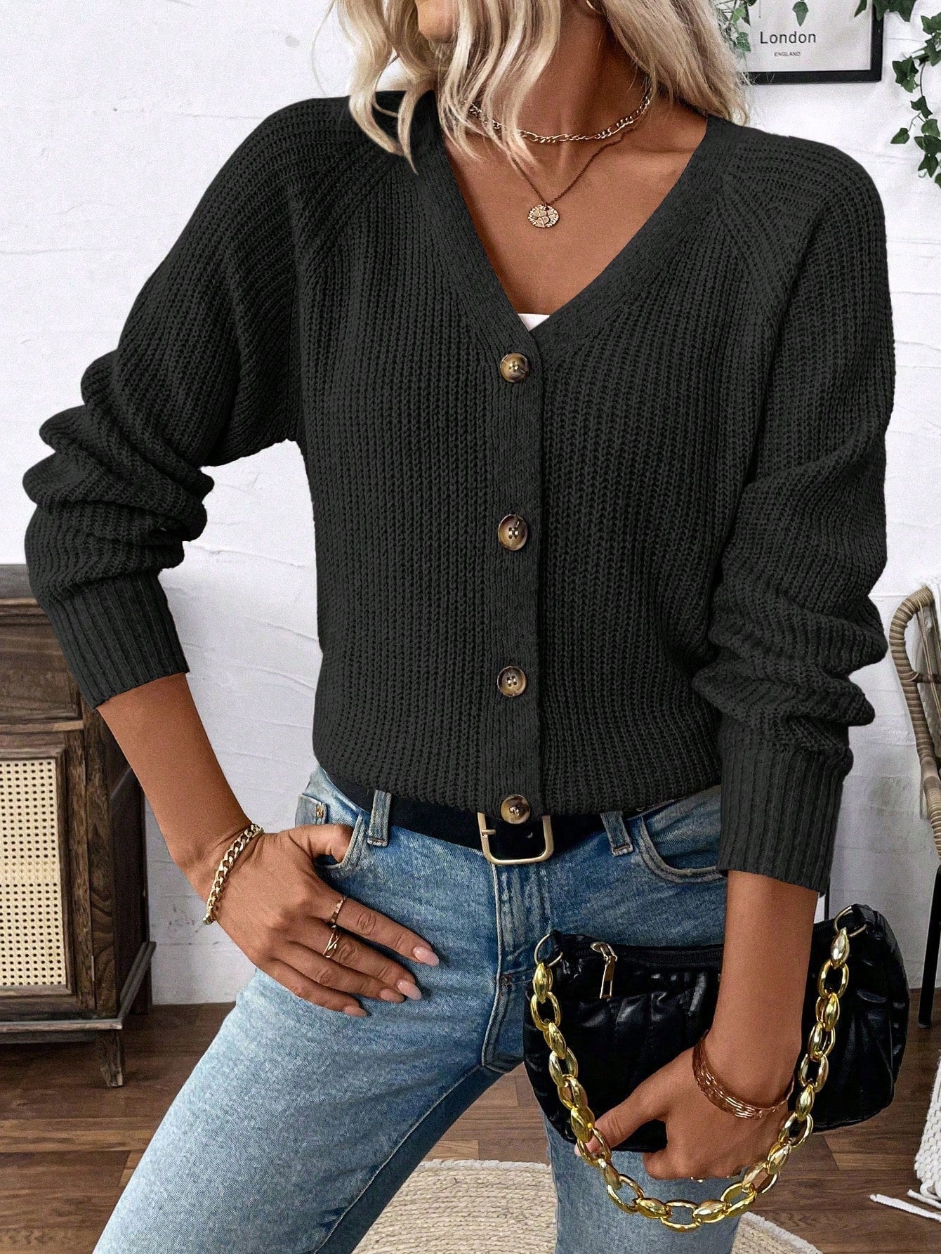 Lune chaqueta de punto de manga larga casual con cuello en v y manga raglan para mujer, con diseno minimalista y ajuste holgado para otono/invierno