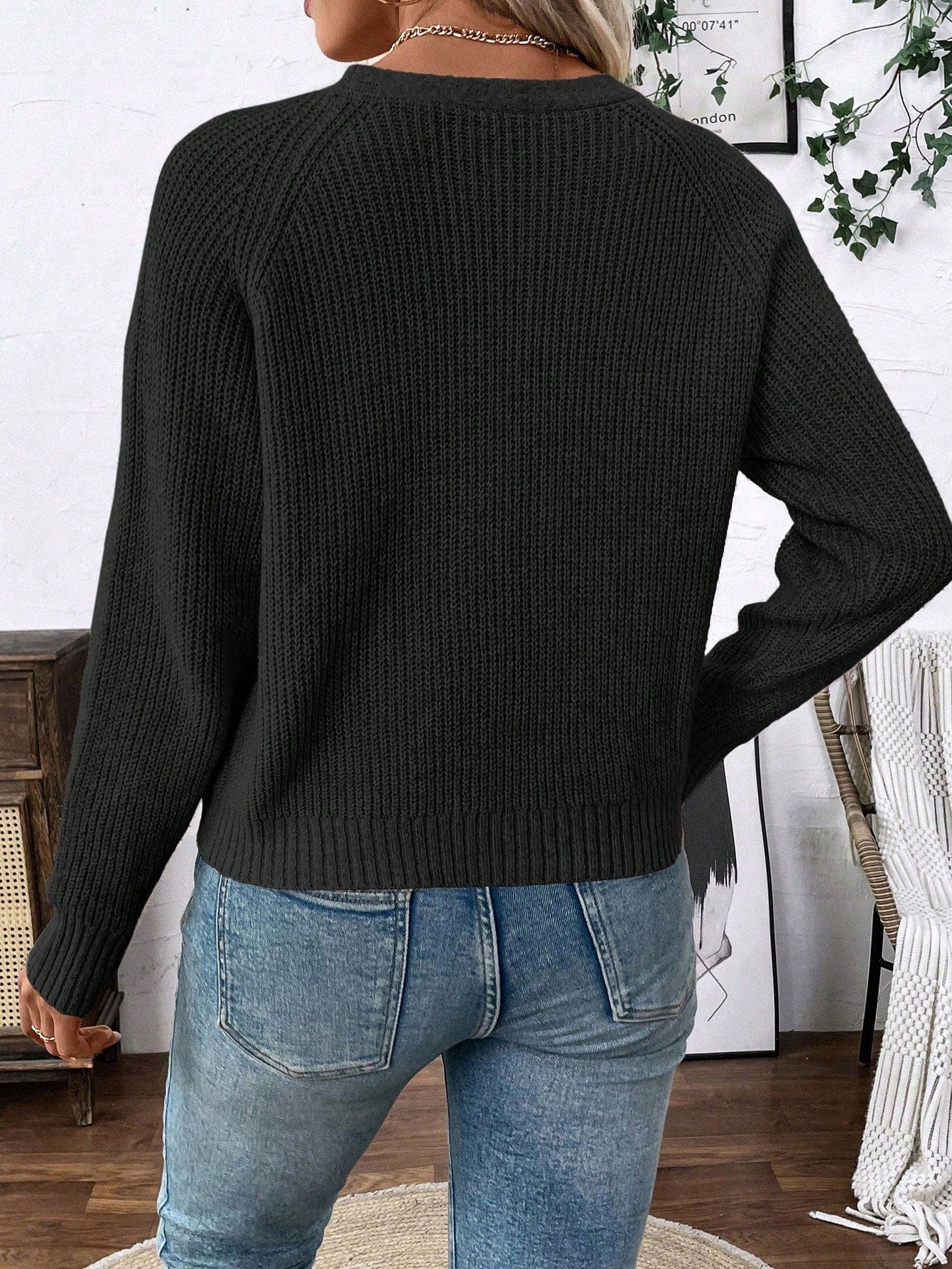 Lune chaqueta de punto de manga larga casual con cuello en v y manga raglan para mujer, con diseno minimalista y ajuste holgado para otono/invierno