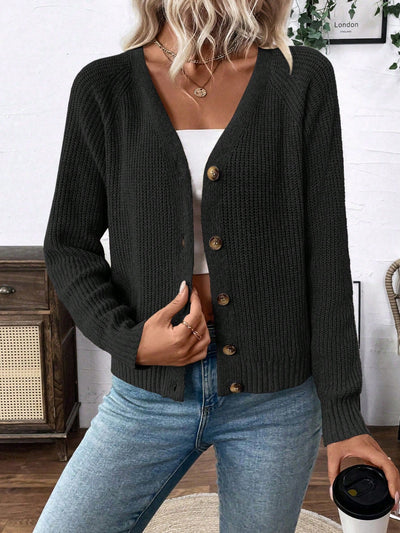Lune chaqueta de punto de manga larga casual con cuello en v y manga raglan para mujer, con diseno minimalista y ajuste holgado para otono/invierno
