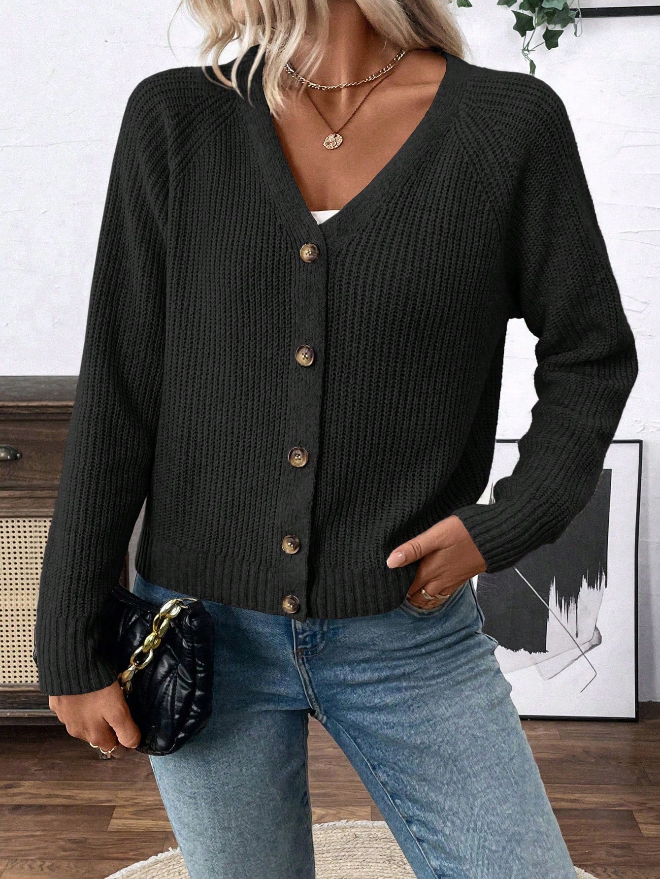 Lune chaqueta de punto de manga larga casual con cuello en v y manga raglan para mujer, con diseno minimalista y ajuste holgado para otono/invierno