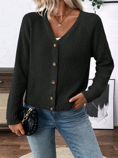 Lune chaqueta de punto de manga larga casual con cuello en v y manga raglan para mujer, con diseno minimalista y ajuste holgado para otono/invierno