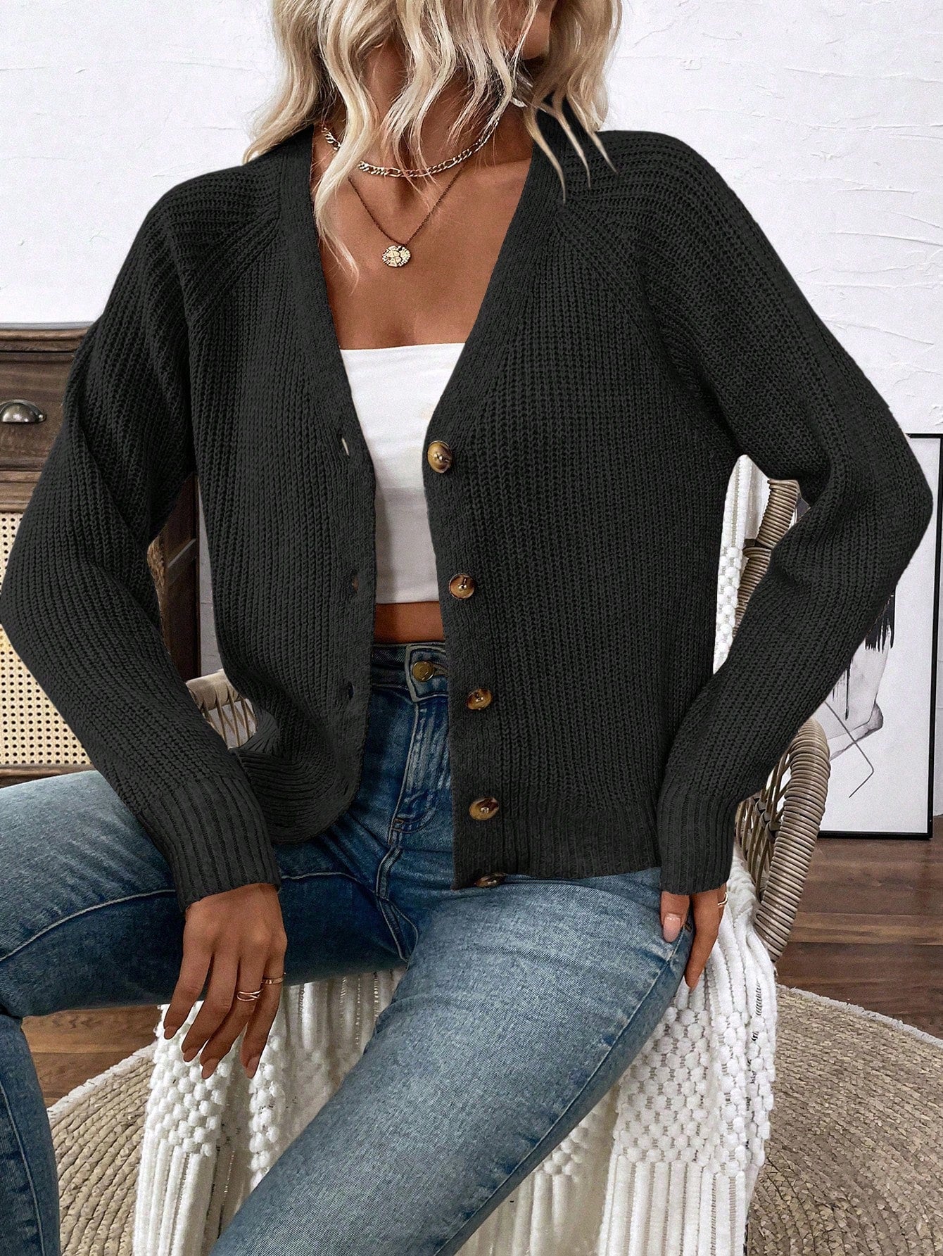 Lune chaqueta de punto de manga larga casual con cuello en v y manga raglan para mujer, con diseno minimalista y ajuste holgado para otono/invierno