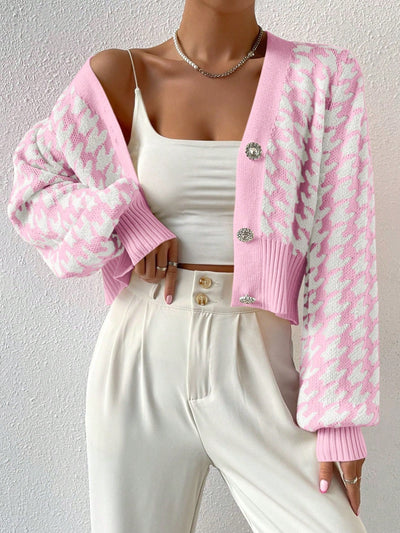 Essnce cardigan casual de mujer con botones y mangas de farol, dobladillo ancho y estampado de pata de gallo