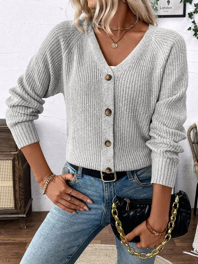 Lune chaqueta de punto de manga larga casual con cuello en v y manga raglan para mujer, con diseno minimalista y ajuste holgado para otono/invierno