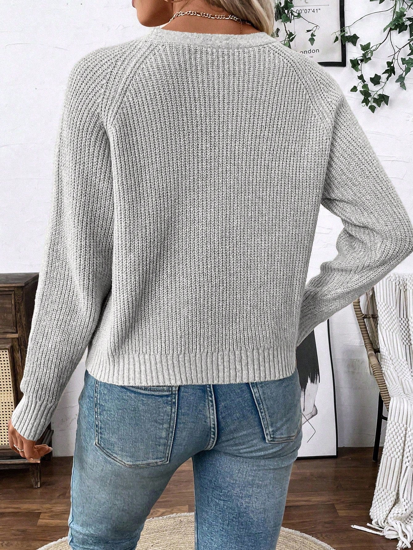 Lune chaqueta de punto de manga larga casual con cuello en v y manga raglan para mujer, con diseno minimalista y ajuste holgado para otono/invierno