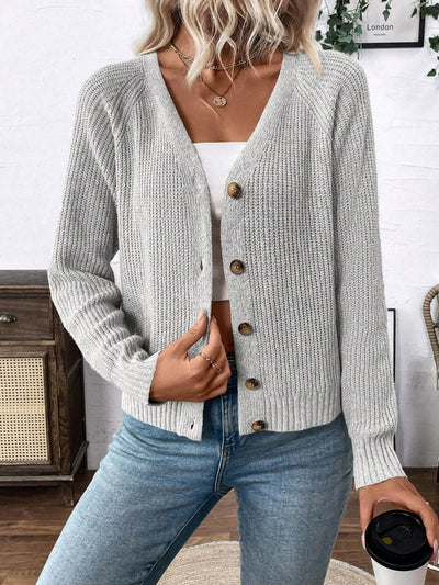 Lune chaqueta de punto de manga larga casual con cuello en v y manga raglan para mujer, con diseno minimalista y ajuste holgado para otono/invierno