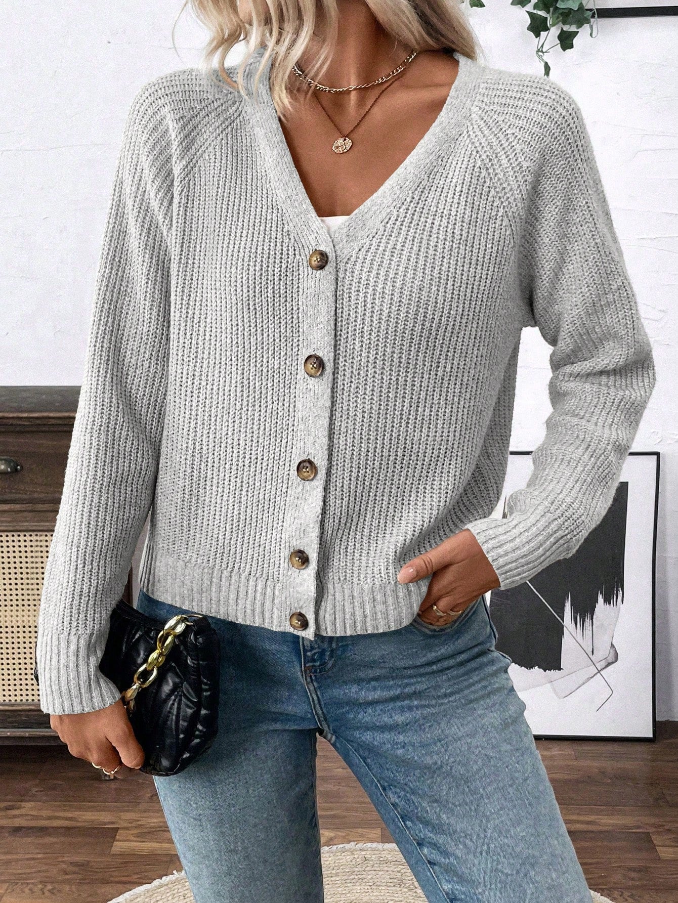 Lune chaqueta de punto de manga larga casual con cuello en v y manga raglan para mujer, con diseno minimalista y ajuste holgado para otono/invierno