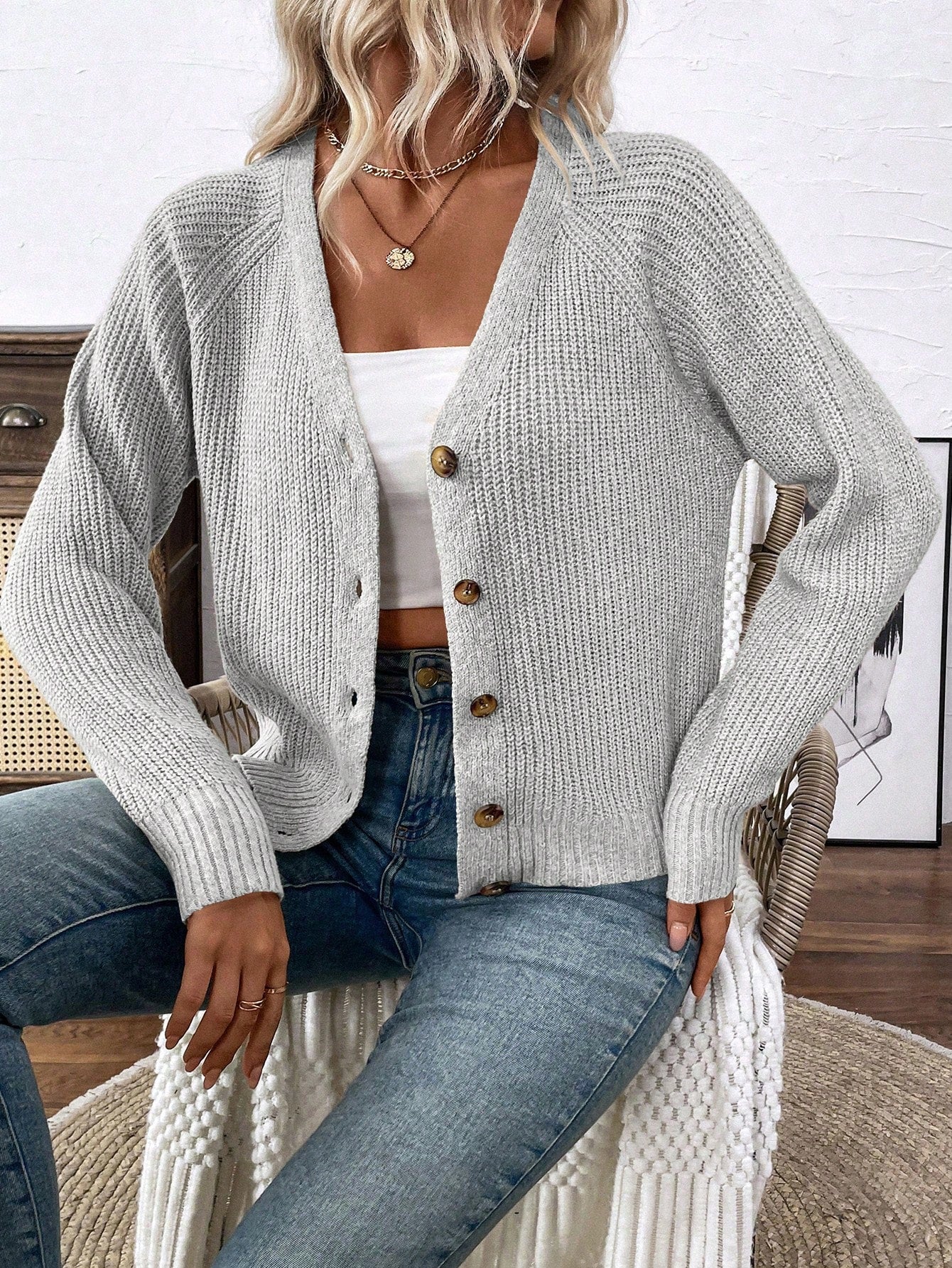 Lune chaqueta de punto de manga larga casual con cuello en v y manga raglan para mujer, con diseno minimalista y ajuste holgado para otono/invierno