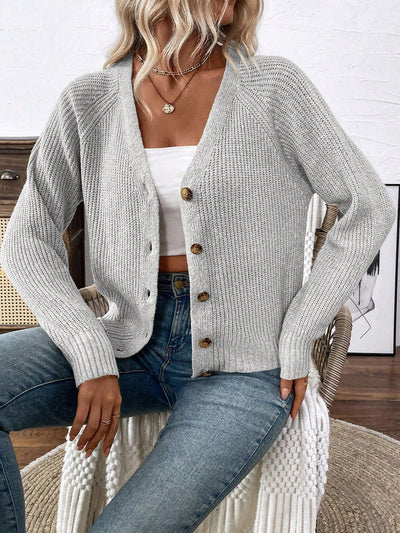 Lune chaqueta de punto de manga larga casual con cuello en v y manga raglan para mujer, con diseno minimalista y ajuste holgado para otono/invierno
