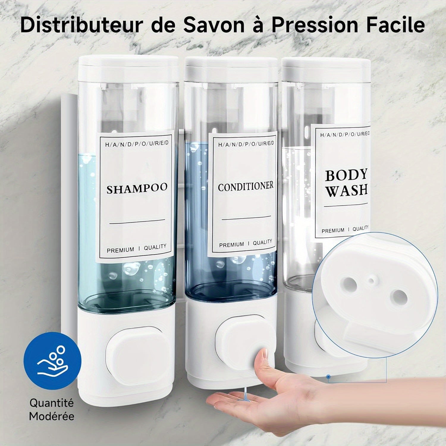 Dispensador de Jabón Montado en la Pared, Dispensador de Gel de Ducha, Dispensador Triple de Champú y Acondicionador Sin Taladrar ABS para Baño Cocina Mercado Hotel Restaurante 300ML*3