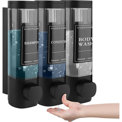 Dispensador de Jabón Montado en la Pared, Dispensador de Gel de Ducha, Dispensador Triple de Champú y Acondicionador Sin Taladrar ABS para Baño Cocina Mercado Hotel Restaurante 300ML*3