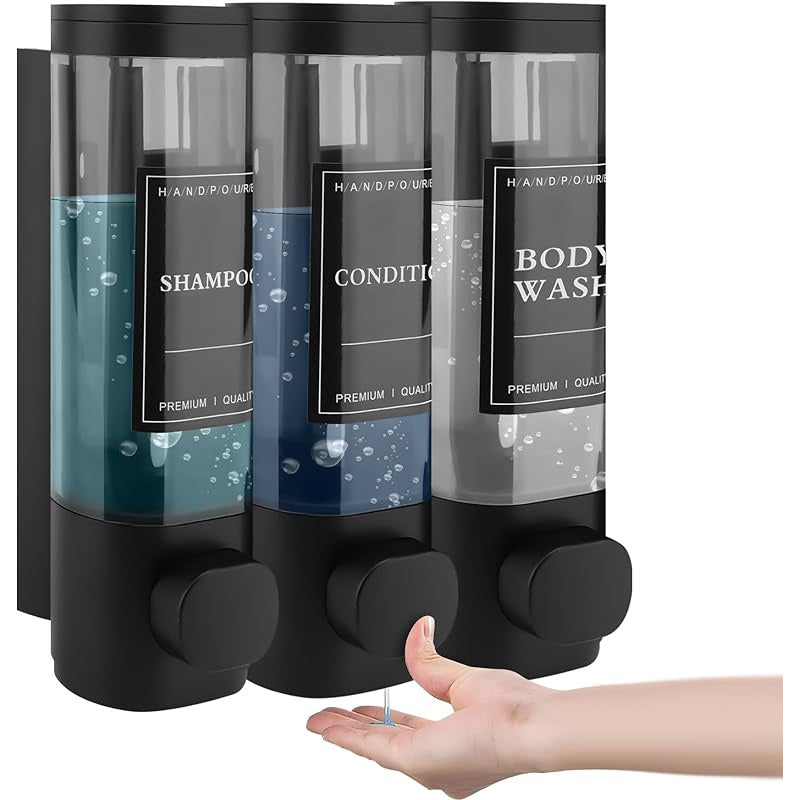 Dispensador de Jabón Montado en la Pared, Dispensador de Gel de Ducha, Dispensador Triple de Champú y Acondicionador Sin Taladrar ABS para Baño Cocina Mercado Hotel Restaurante 300ML*3