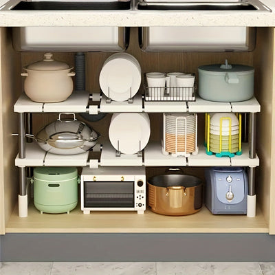 Organizador Ajustable y Versátil para Debajo del Fregadero - Acero Inoxidable y Plástico, Estante de Almacenamiento Multinivel para Armarios de Cocina y Baño, Diseño que Ahorra Espacio