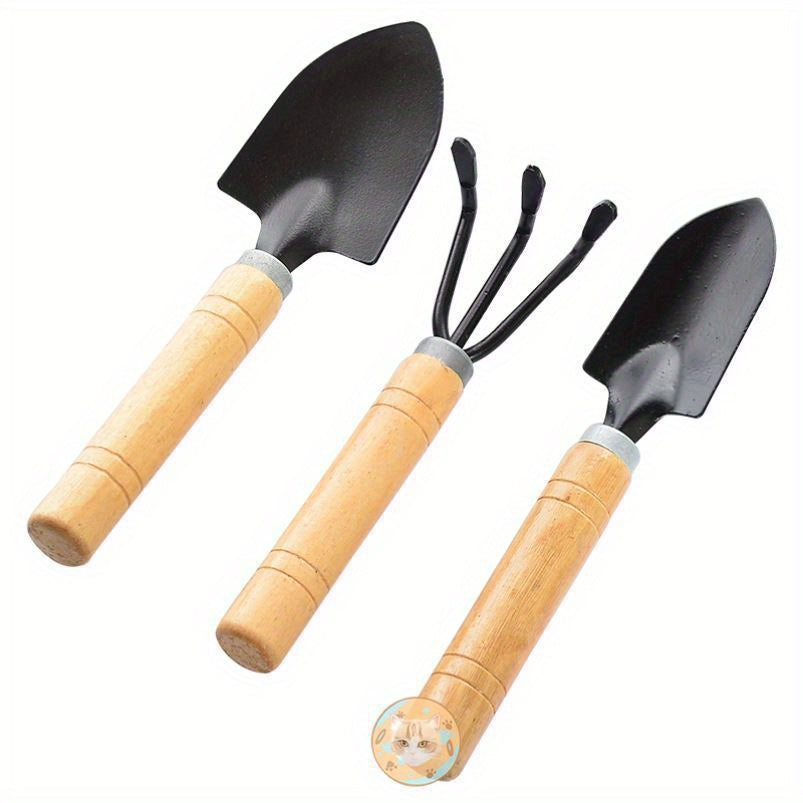Juego de Herramientas de Jardín de 3 Piezas - Pala, Rastrillo y Cepillo con Mango de Madera para Plantar Flores y Verduras, No Necesita Energía