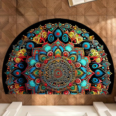 1 alfombra bohemia de media luna con diseño mandala para exteriores, antideslizante, patrones florales y geométricos vibrantes en azul, verde, amarillo, naranja y rosa, ideal para patio, camping, cocina, sala, baño, dormitorio, balcón y decoración de hab