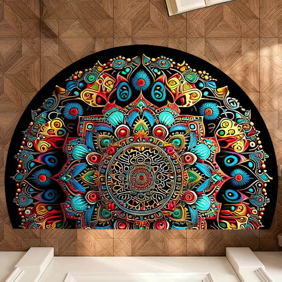 1 alfombra bohemia de media luna con diseño mandala para exteriores, antideslizante, patrones florales y geométricos vibrantes en azul, verde, amarillo, naranja y rosa, ideal para patio, camping, cocina, sala, baño, dormitorio, balcón y decoración de hab