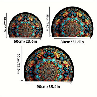 1 alfombra bohemia de media luna con diseño mandala para exteriores, antideslizante, patrones florales y geométricos vibrantes en azul, verde, amarillo, naranja y rosa, ideal para patio, camping, cocina, sala, baño, dormitorio, balcón y decoración de hab