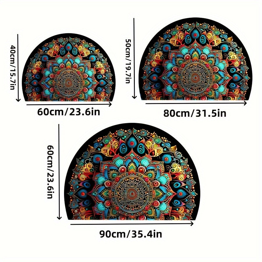 1 alfombra bohemia de media luna con diseño mandala para exteriores, antideslizante, patrones florales y geométricos vibrantes en azul, verde, amarillo, naranja y rosa, ideal para patio, camping, cocina, sala, baño, dormitorio, balcón y decoración de hab