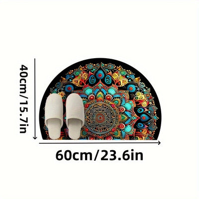 1 alfombra bohemia de media luna con diseño mandala para exteriores, antideslizante, patrones florales y geométricos vibrantes en azul, verde, amarillo, naranja y rosa, ideal para patio, camping, cocina, sala, baño, dormitorio, balcón y decoración de hab