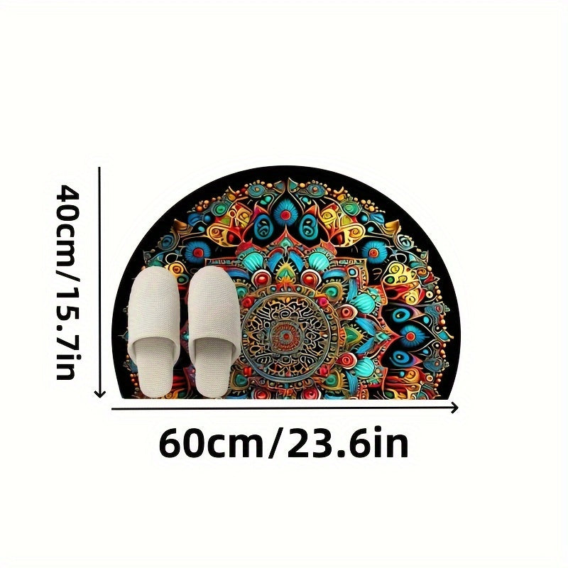 1 alfombra bohemia de media luna con diseño mandala para exteriores, antideslizante, patrones florales y geométricos vibrantes en azul, verde, amarillo, naranja y rosa, ideal para patio, camping, cocina, sala, baño, dormitorio, balcón y decoración de hab