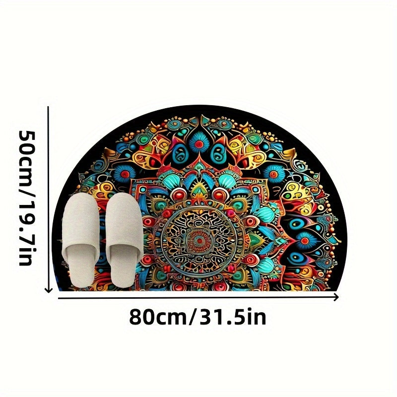 1 alfombra bohemia de media luna con diseño mandala para exteriores, antideslizante, patrones florales y geométricos vibrantes en azul, verde, amarillo, naranja y rosa, ideal para patio, camping, cocina, sala, baño, dormitorio, balcón y decoración de hab
