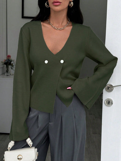 Cardigan de mujer de unicolor con cuello en v, abotonadura frontal y hombros caidos