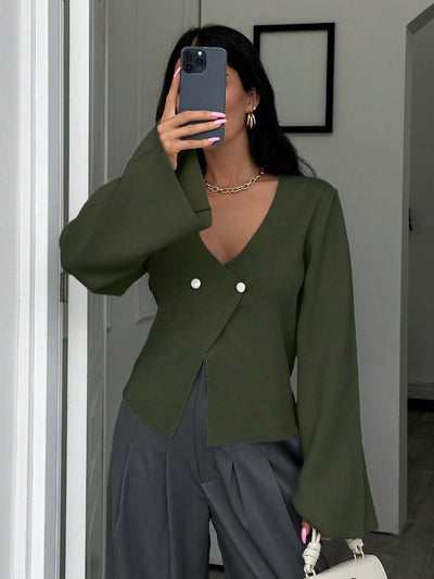 Cardigan de mujer de unicolor con cuello en v, botones delanteros y hombros caidos