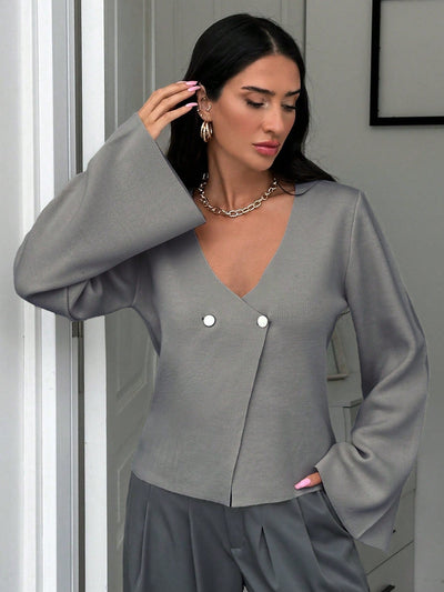 Cardigan de mujer de unicolor con cuello en v, abotonadura frontal y hombros caidos