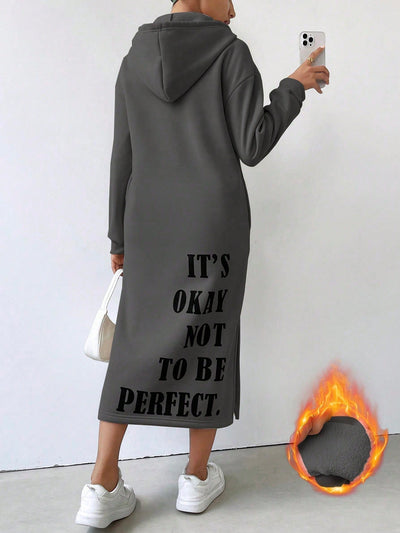 Lune vestido con capucha de manga larga, bolsillo y unicolor minimalista para mujer