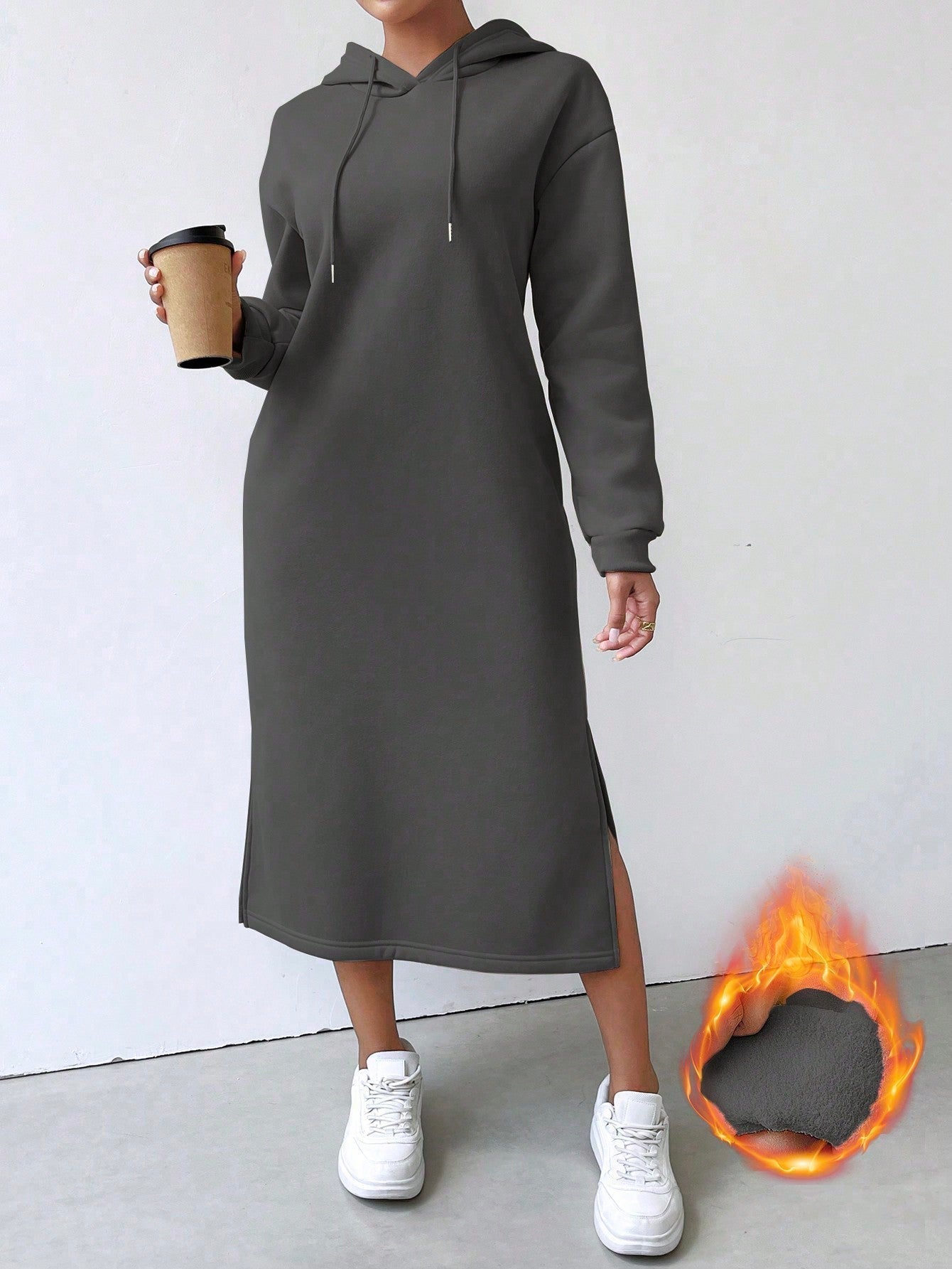 Lune vestido con capucha de manga larga, bolsillo y unicolor minimalista para mujer