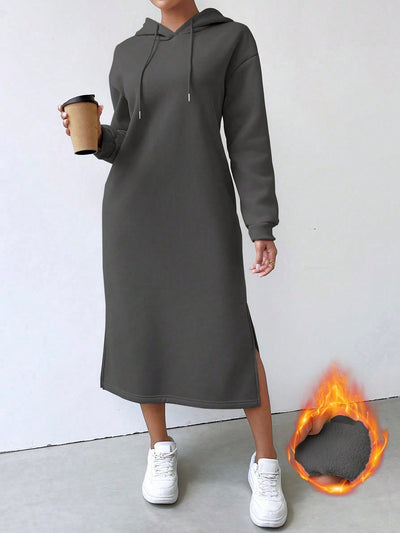 Lune vestido con capucha de manga larga, bolsillo y unicolor minimalista para mujer