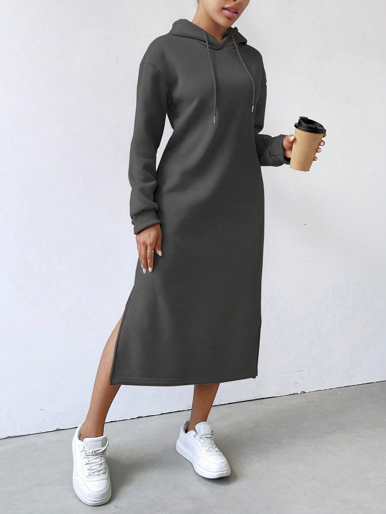 Lune vestido con capucha de manga larga, bolsillo y unicolor minimalista para mujer