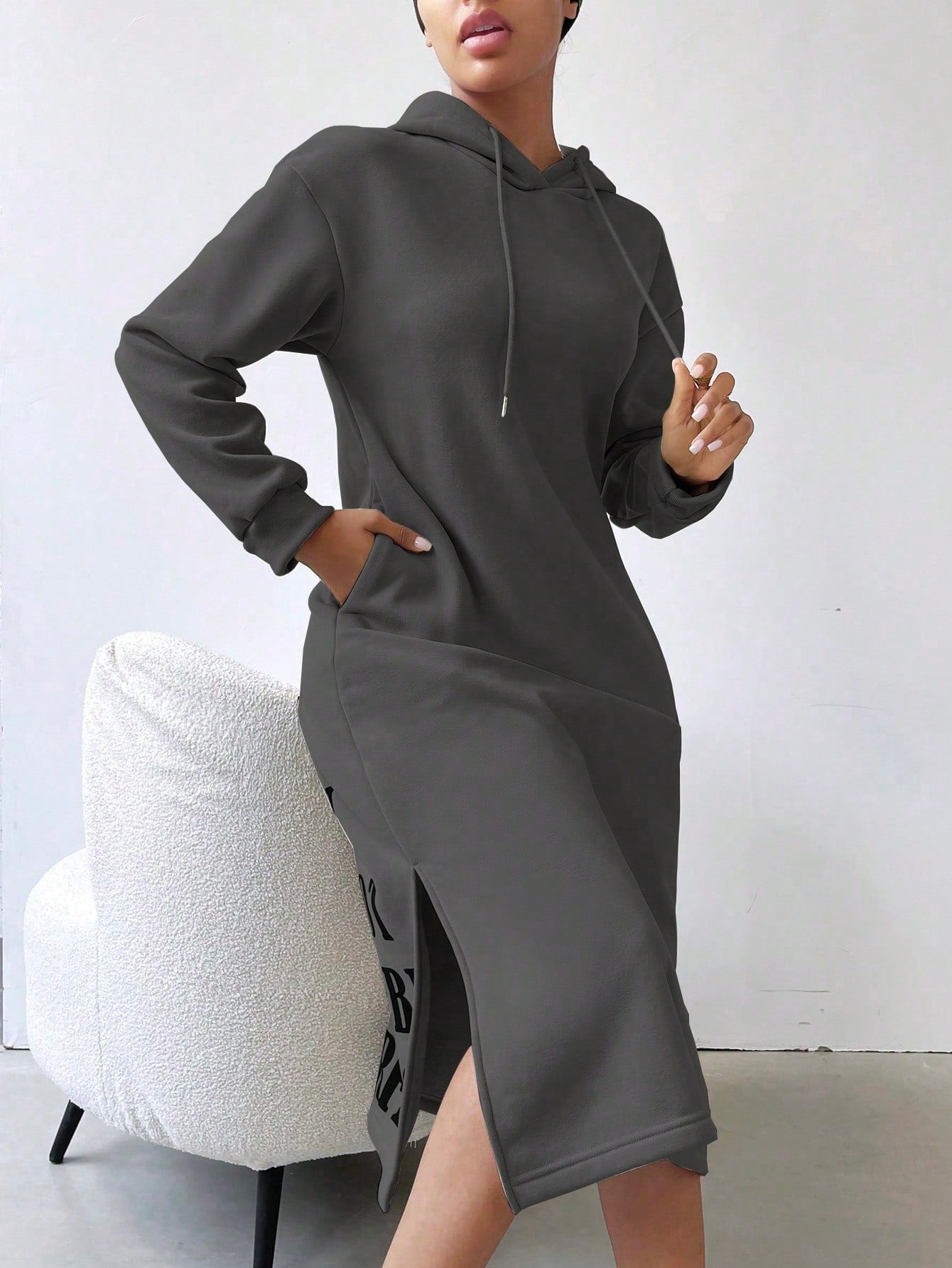 Lune vestido con capucha de manga larga, bolsillo y unicolor minimalista para mujer