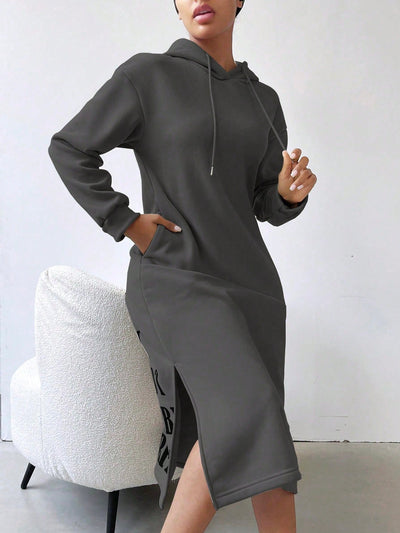Lune vestido con capucha de manga larga, bolsillo y unicolor minimalista para mujer
