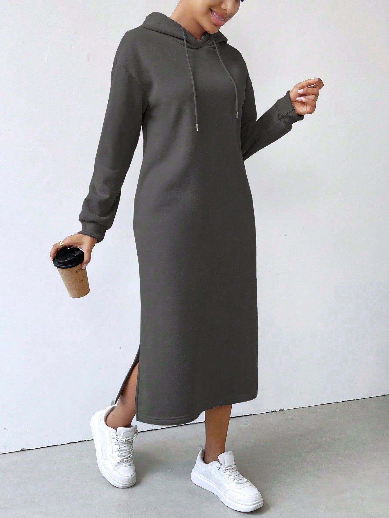 Lune vestido con capucha de manga larga, bolsillo y unicolor minimalista para mujer