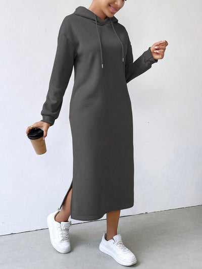 Lune vestido con capucha de manga larga, bolsillo y unicolor minimalista para mujer