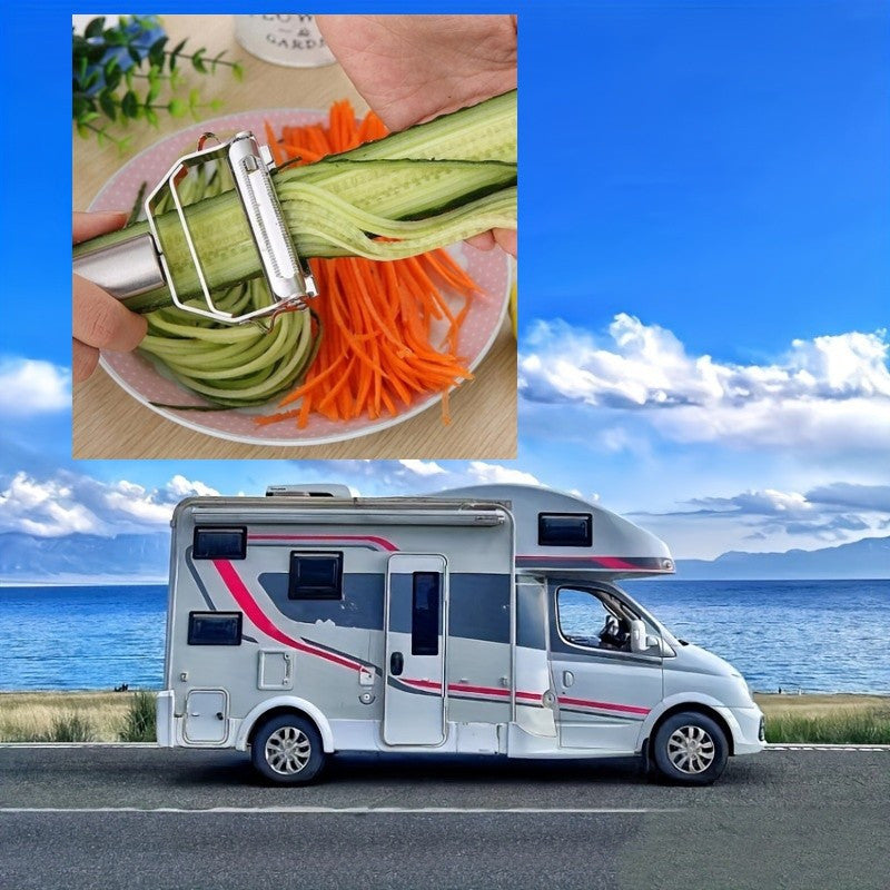 RV imprescindible. 1pc Acero inoxidable multifuncional pelador de frutas y verduras, rallador, cortador y picador - Herramienta de cocina fácil de usar para pelar, cortar y descorazonar frutas y verduras - Esenciales compactos para cocineros en casa