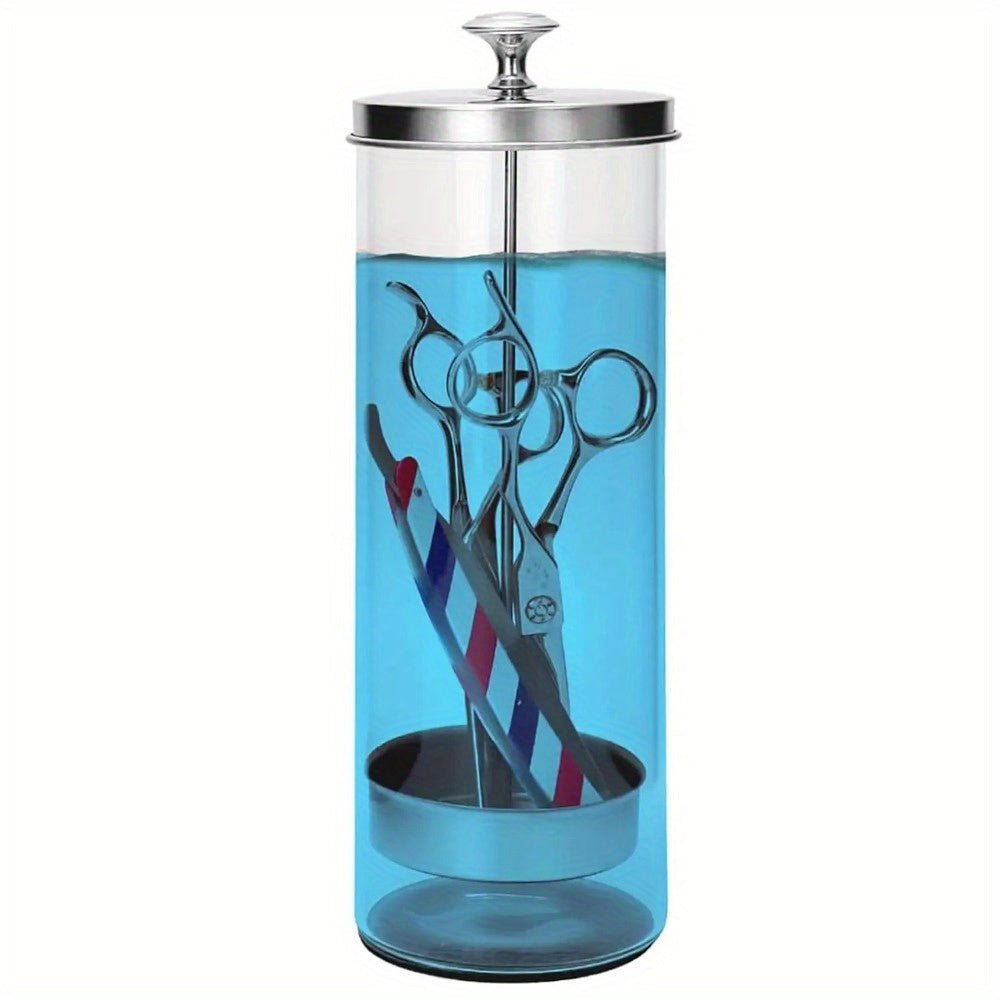 Jarrón de vidrio de acero inoxidable para desinfectar herramientas en salones de belleza y cuidado de uñas.