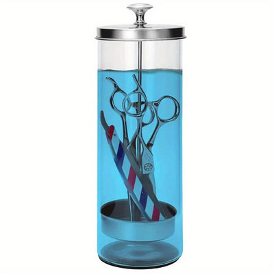 Jarrón de vidrio de acero inoxidable para desinfectar herramientas en salones de belleza y cuidado de uñas.