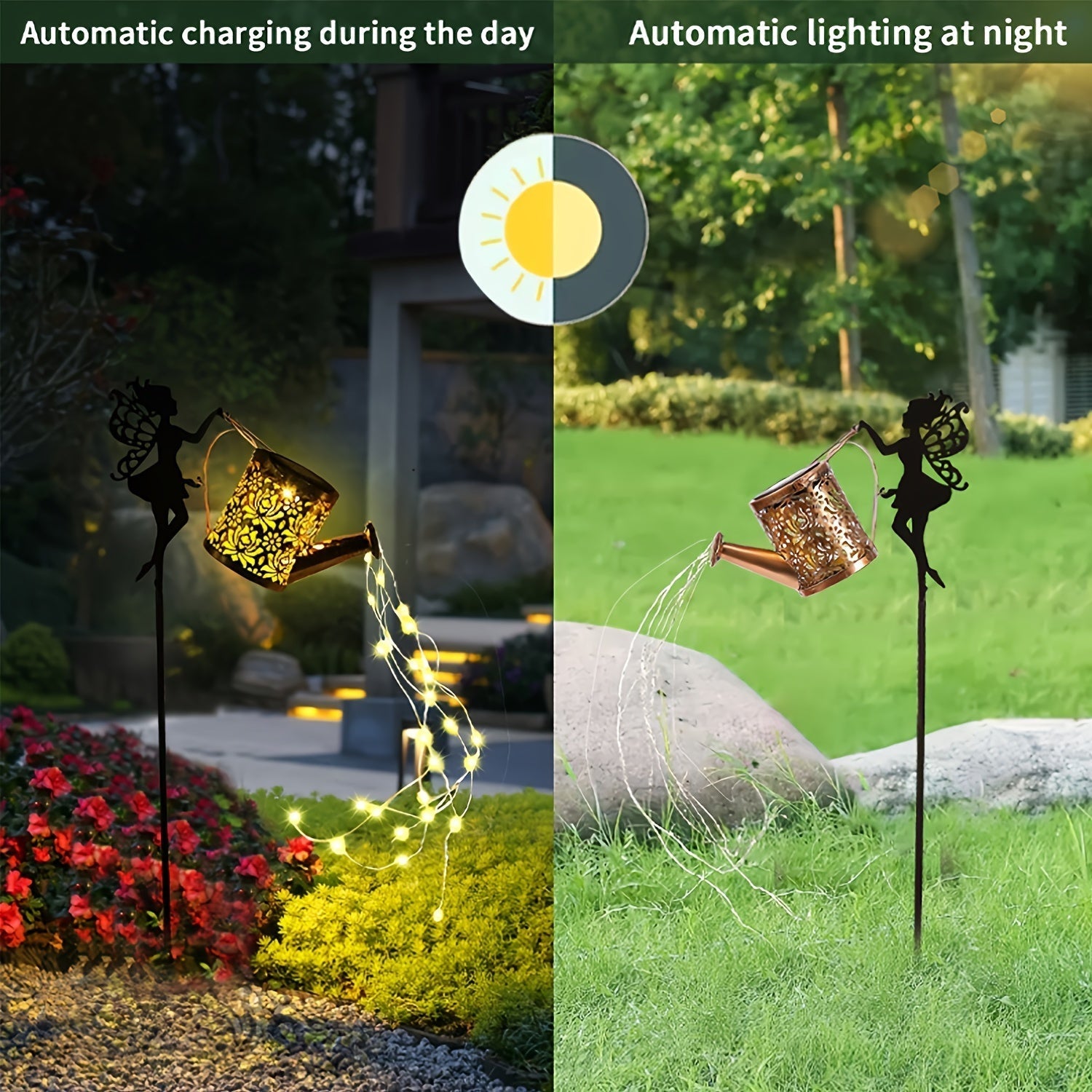 [Lámparas solares tipo regadera] Lámparas solares para jardín tipo regadera de hadas, decoración vintage de metal para exterior, iluminación para caminos y patios, diseño portátil, montaje semiempotrado, pantalla de latón, con batería de níquel solar rec