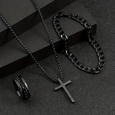[Accesorios Unisex de 3 pzas] Set de Accesorios Unisex de 3 pzas con Baño de Negro - Collar con Colgante de Cruz Minimalista de Aleación Negra, Pulsera, Anillo - Sin Mosaico, Regalo Elegante para Fiestas, Navidad, Cumpleaños